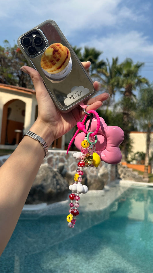 Pink Flower Power Puffy Keychain