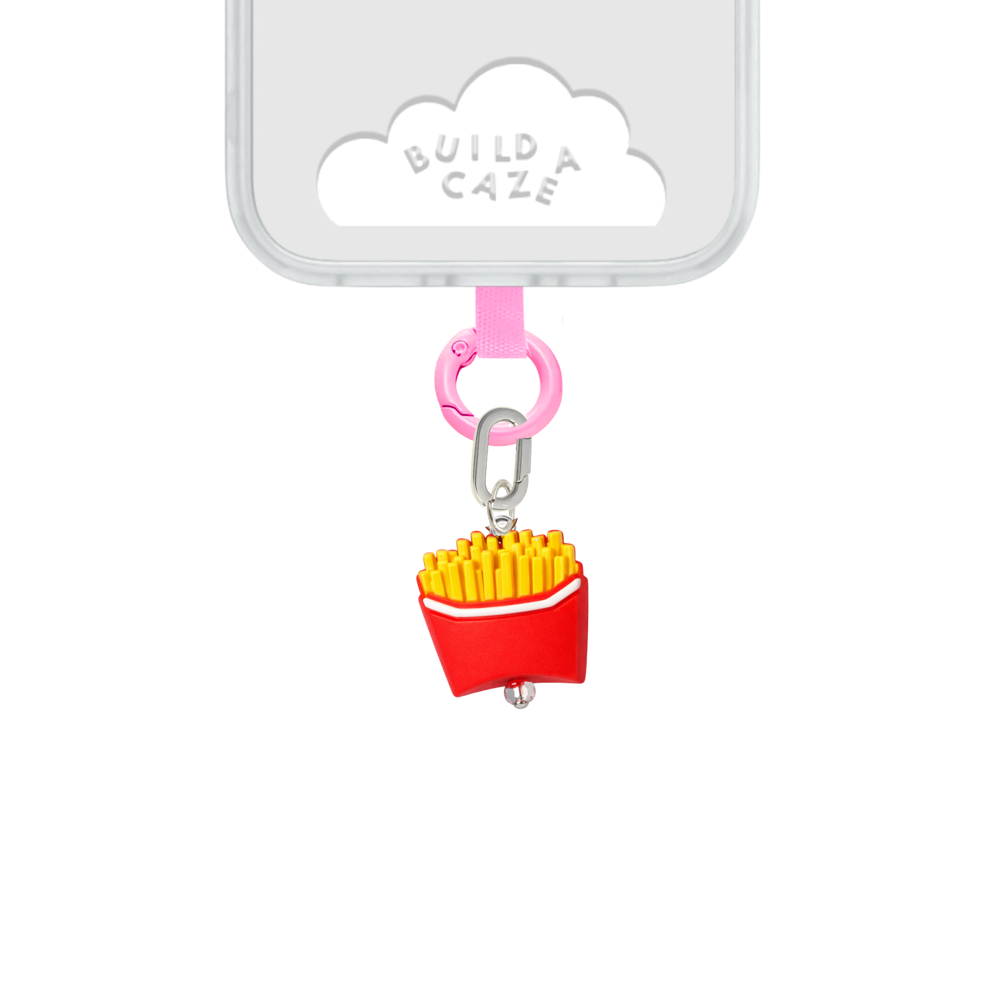 Charm para celular de papas fritas en cajita roja, accesorio Charmie de comida 3D.