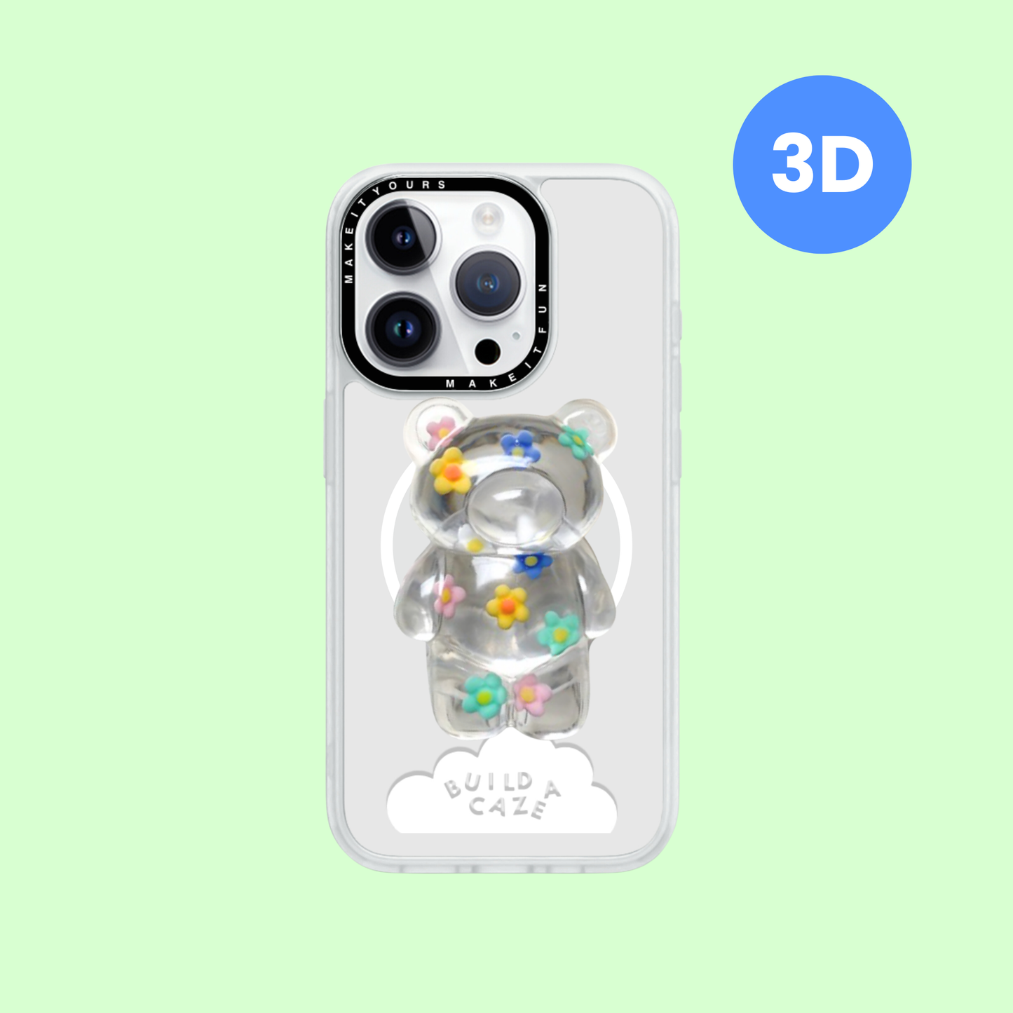 Oso transparente en 3D con detalles florales Pop Grippy vista frontal centrado sobre un fondo blanco - Build A Caze