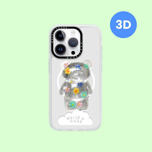 Oso transparente en 3D con detalles florales Pop Grippy vista frontal centrado sobre un fondo blanco - Build A Caze