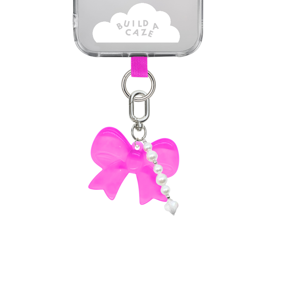 Llavero charm de moño rosa vibrante con perlas para teléfono móvil, accesorio de celular, adorno coquette rosa y blanco.
