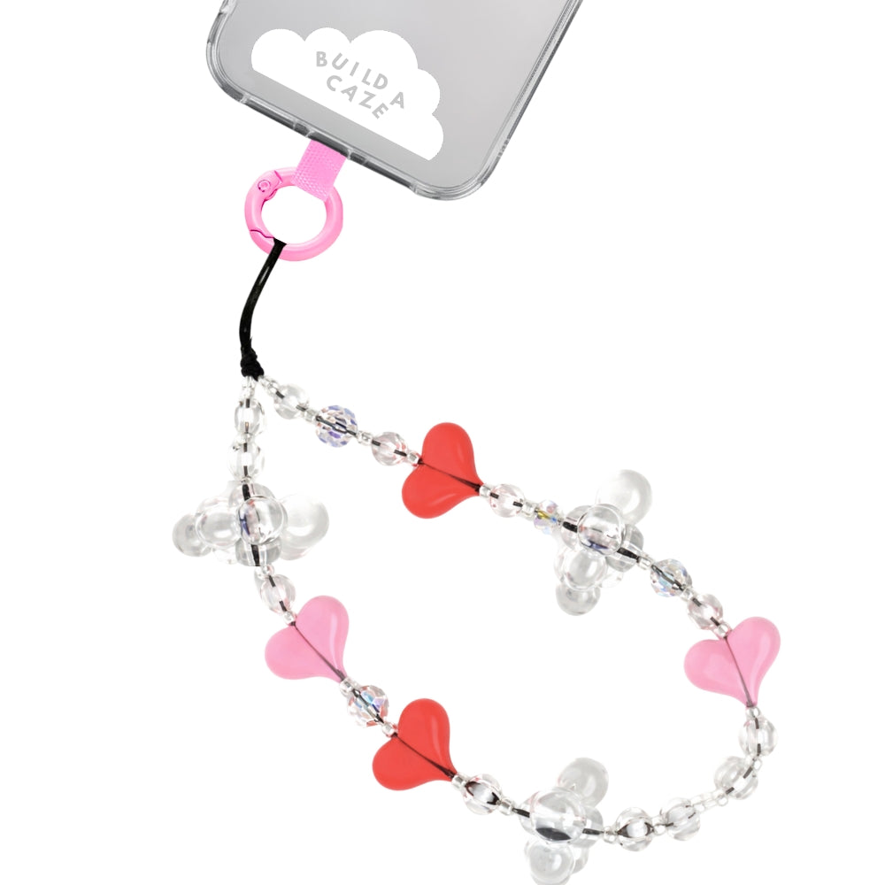 Correa para celular Sparkling Dreams con corazones y cuentas transparentes, accesorio para teléfono, strap para móvil con brillo.