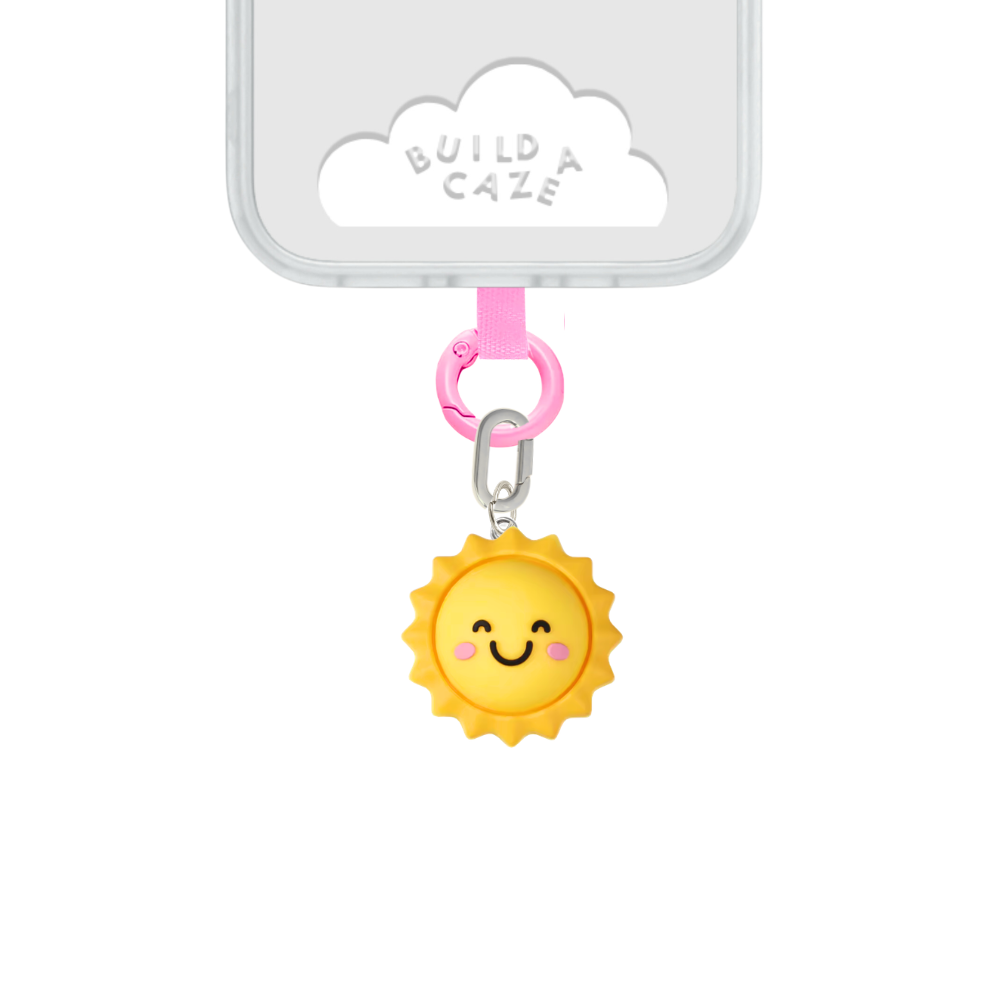 Sol amarillo sonriente colgante para celular vista frontal de primer plano - Build A Caze