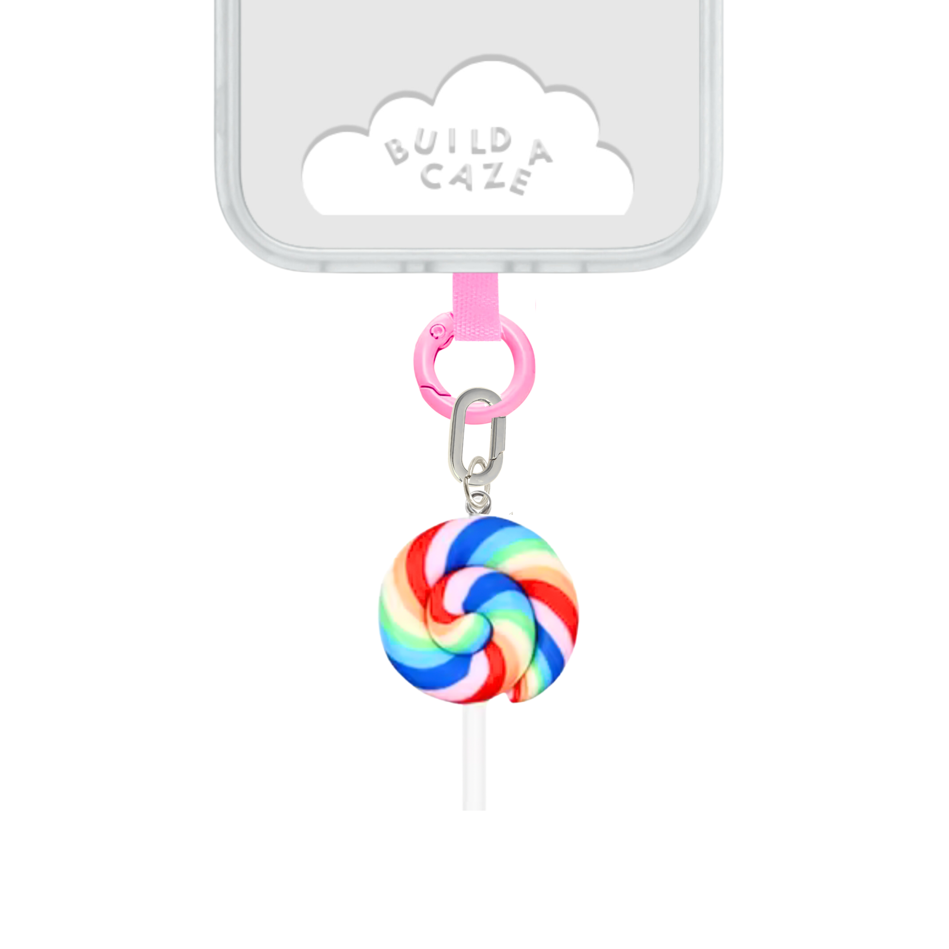 Colgante para celular Blue Rainbow Pop Swirl Charmie de Build a Caze, accesorio en forma de paleta con diseño de espiral multicolor en tonos azul, rosa y verde para decoración de teléfonos móviles.
