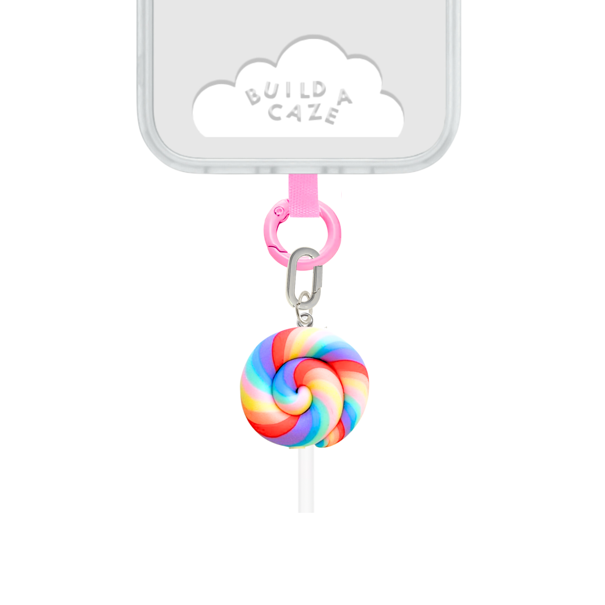 Colgante para celular Circus Swirl Charmie de Build a Caze, accesorio en forma de paleta con diseño de espiral multicolor (rosa, lila y naranja) para decoración de teléfonos móviles y fundas.