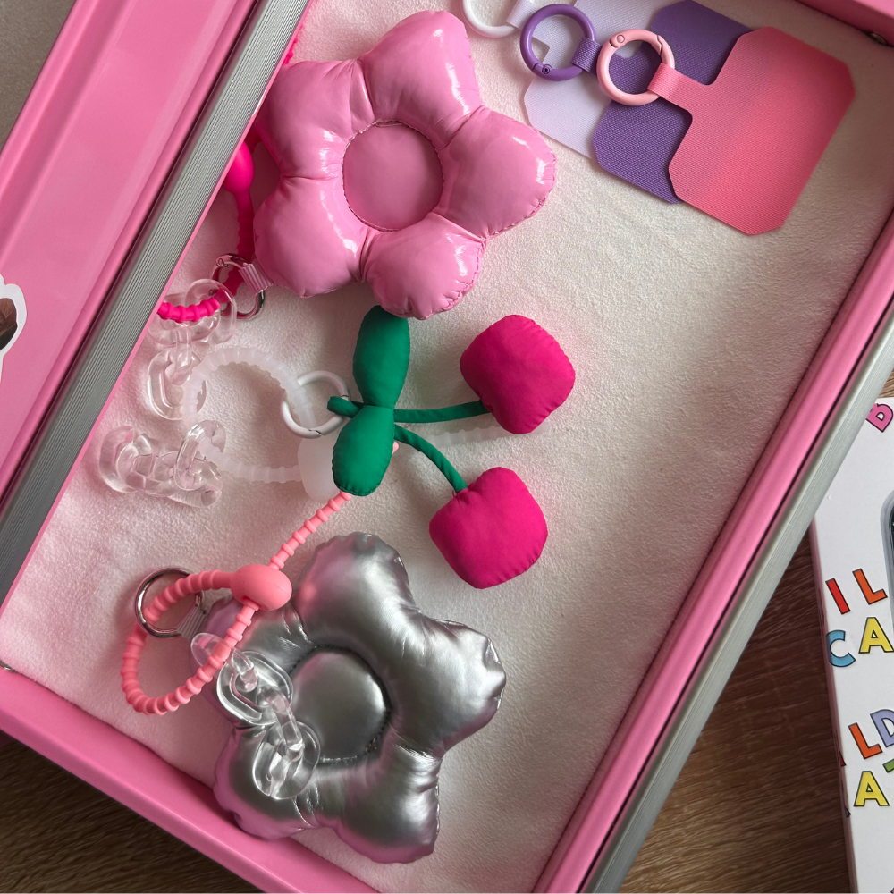 Pink Flower Power Puffy Keychain