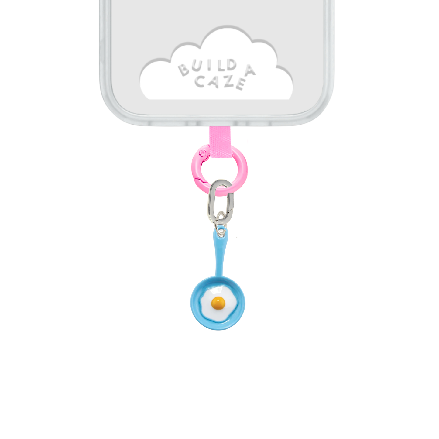 Un charm y accesorio colgante Blue Sunny Side Up Charmie en color azul sujeto a un celular - Build A Caze