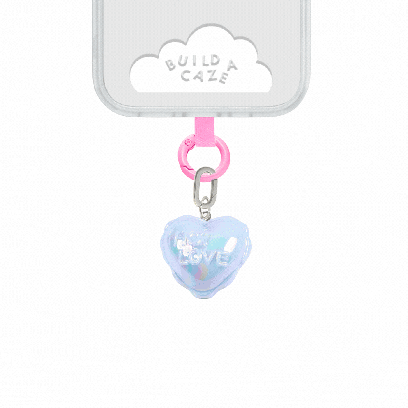 Un Charmie Globo Corazón color blueish azul pastel colgando de un celular como accesorio colgante - Build A Caze.