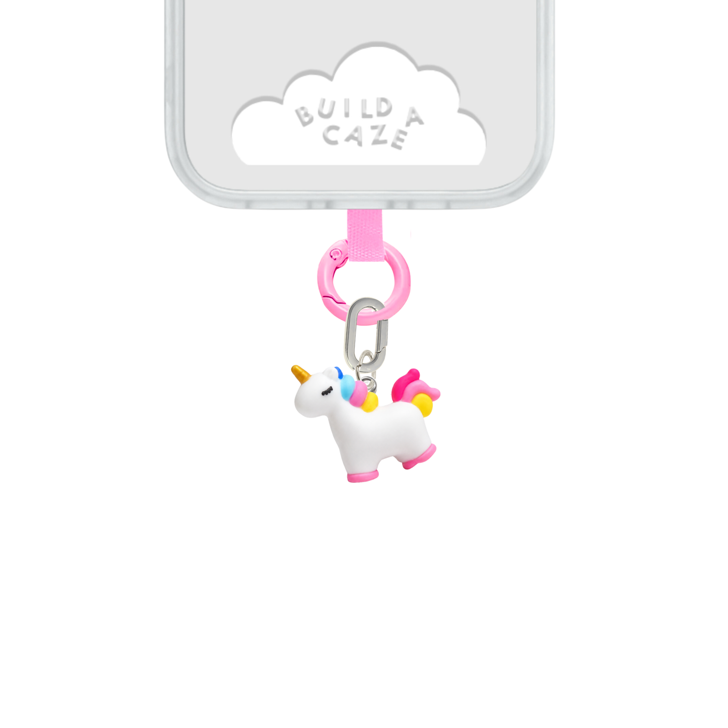 Un charm y accesorio colgante Candy Uni Spark Charmie en color blanco sujeto a un celular - Build A Caze