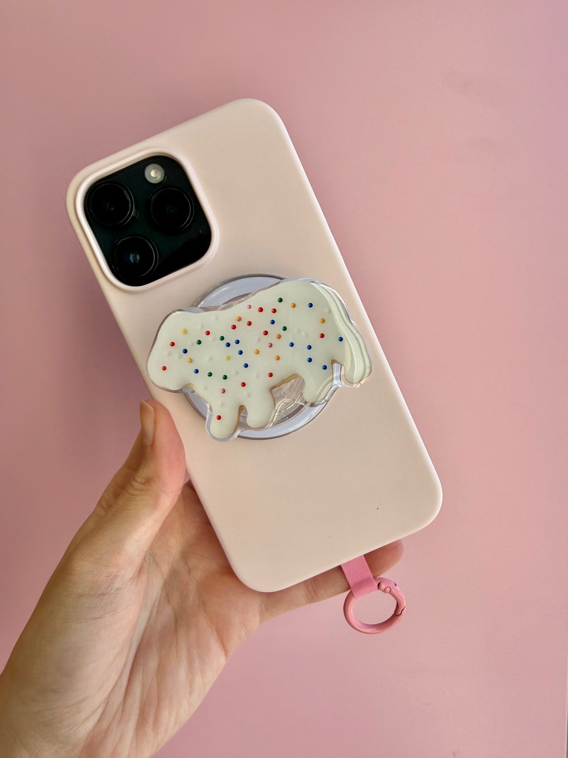 Pop Grippy blanco con diseño de zoo de azúcar, soporte magnético para celular, agarre para teléfono móvil.