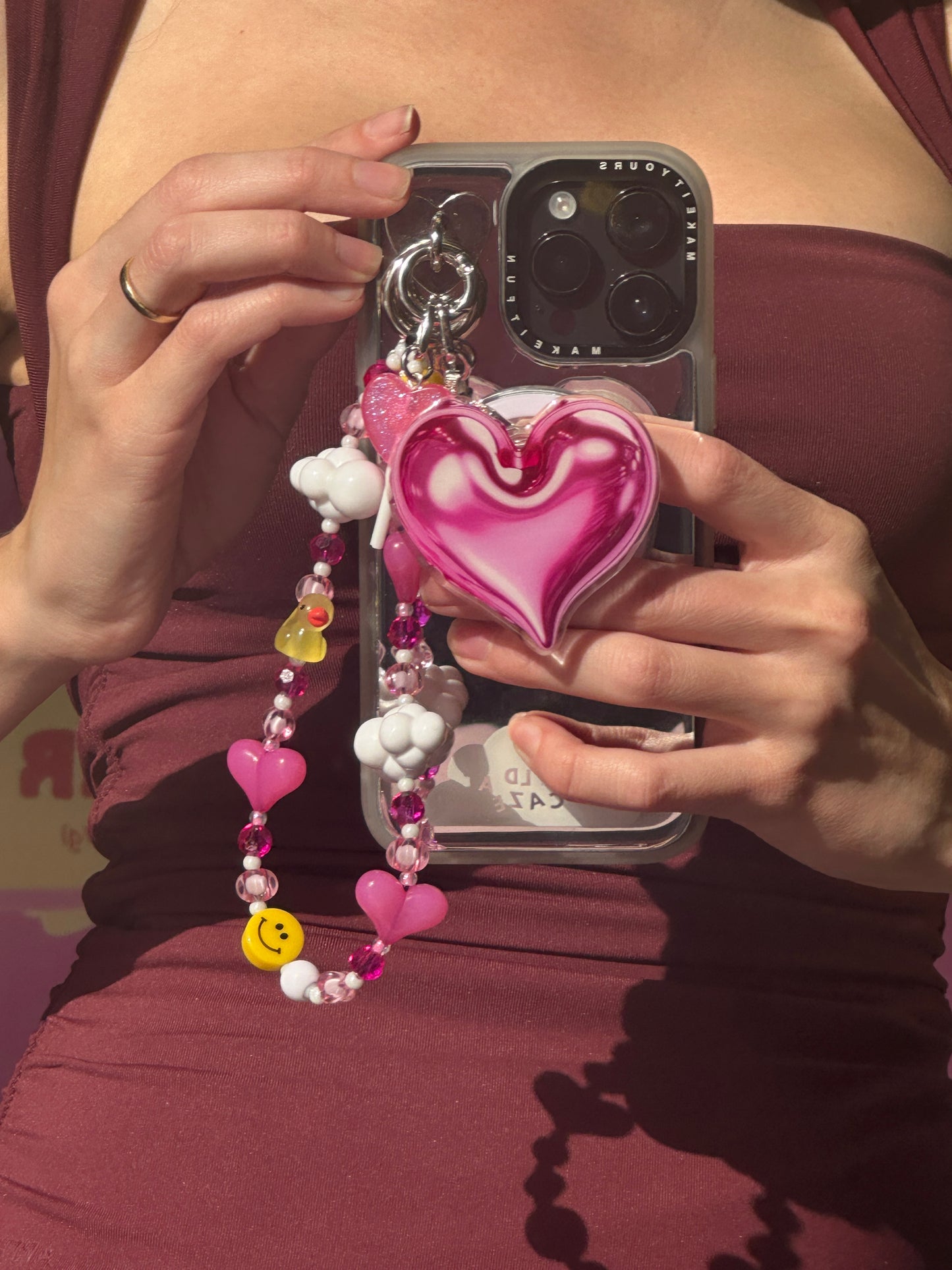 PopSocket de corazón cromado rosa para celular, sujetador de teléfono móvil, accesorio de agarre magnético, soporte para smartphone.
