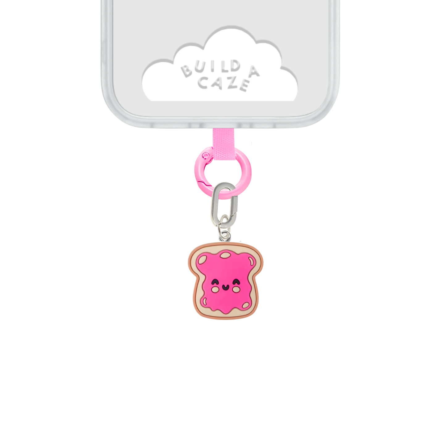 Un charm y accesorio colgante Jammy Toastie Charmie en color marrón y rosa sujeto a un celular - Build A Caze