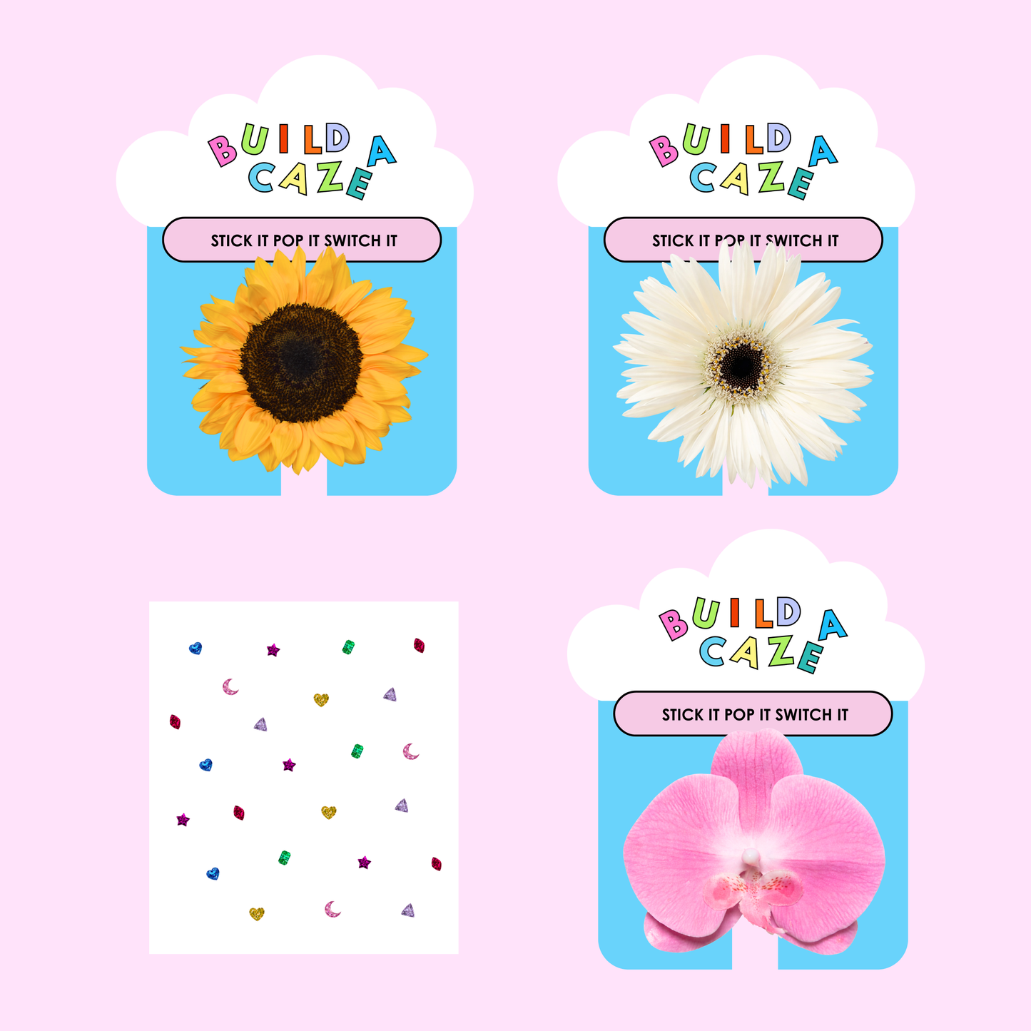 Kit floral y brillante Kit con Pop Grippies de Main Character Sunflower, Oopsy Daisy y Orchid Obsession, y una hoja de Sticky Gems en primer plano - Build A Caze