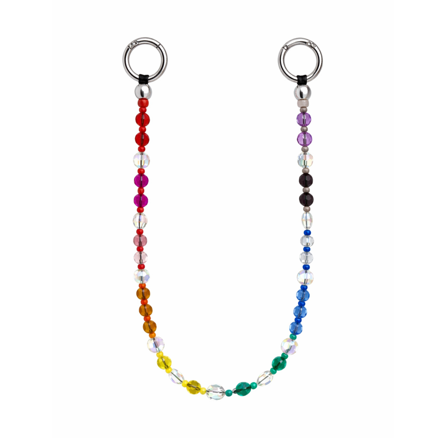 Strap para celular de cuentas arcoíris de dos aros, con detalles de cristales y aros plateados.