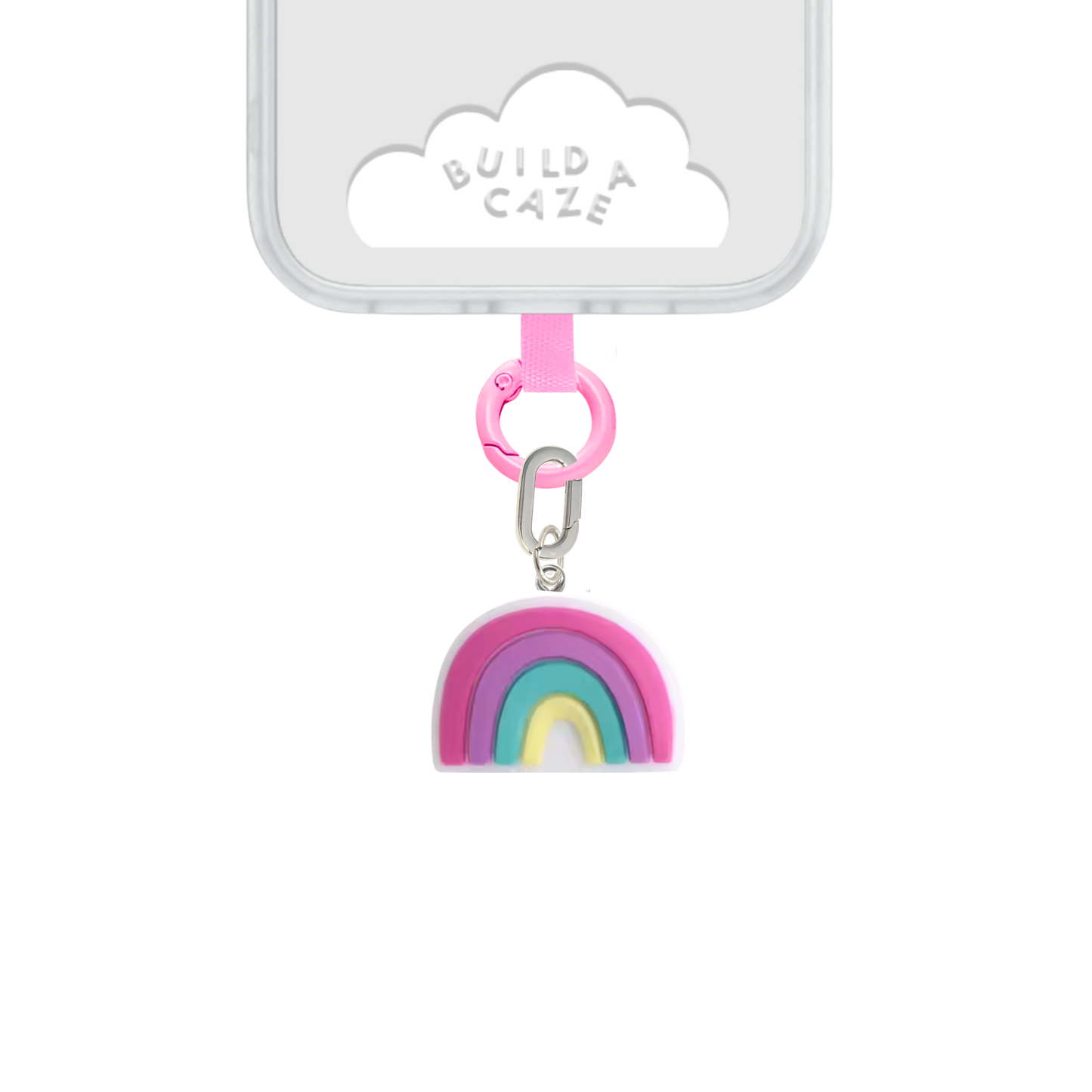 Un charm y accesorio colgante Rainbow Dreamie Charmie en colores pastel de arcoíris sujeto a un celular - Build A Caze