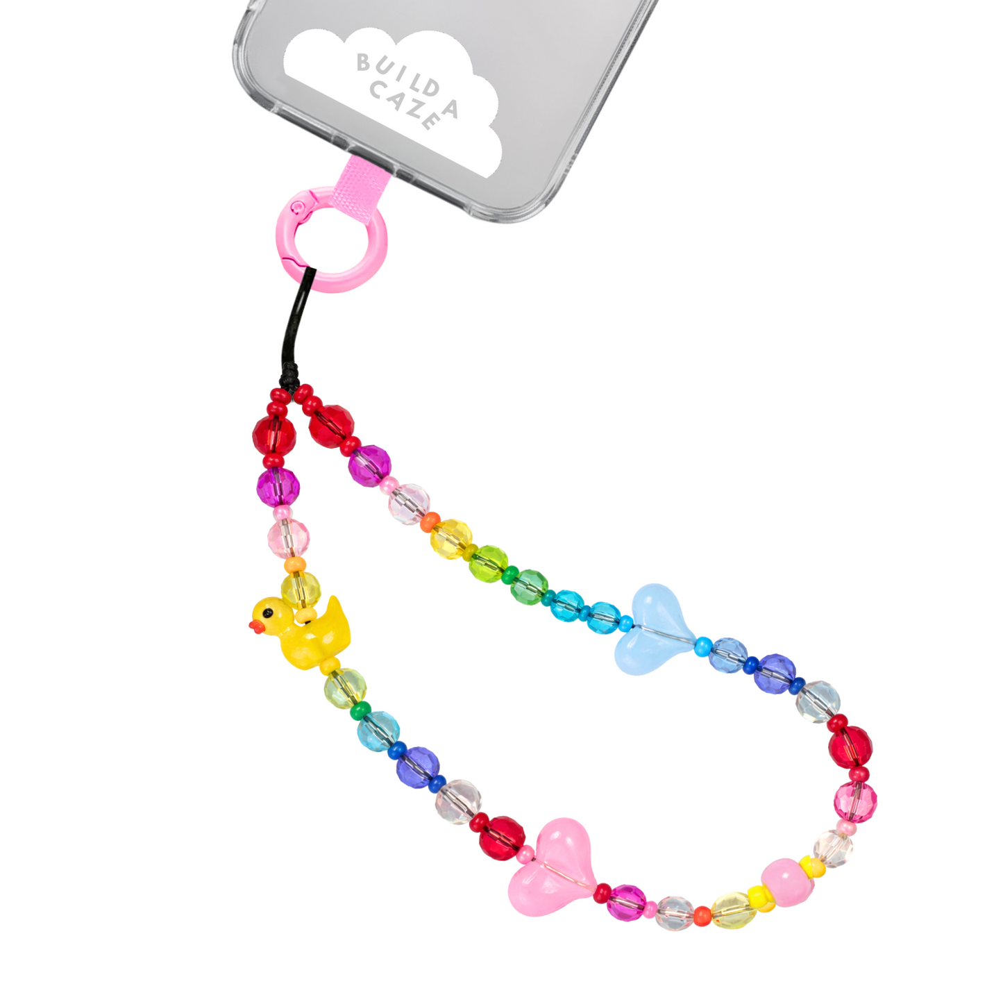 Correa de cuentas para celular con dije de patito amarillo y corazones azul y rosa.