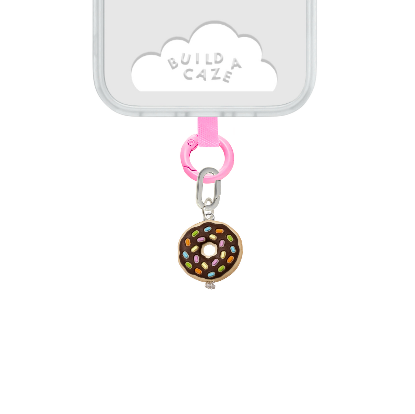 Charm para celular de dona con chispas de chocolate. Accesorio móvil lindo y dulce, dije de dona rosa y marrón.