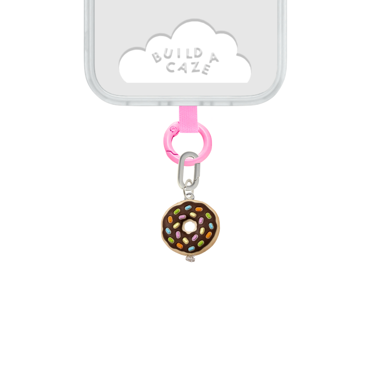 Charm para celular de dona con chispas de chocolate. Accesorio móvil lindo y dulce, dije de dona rosa y marrón.