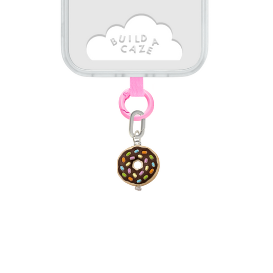 Charm para celular de dona con chispas de chocolate. Accesorio móvil lindo y dulce, dije de dona rosa y marrón.