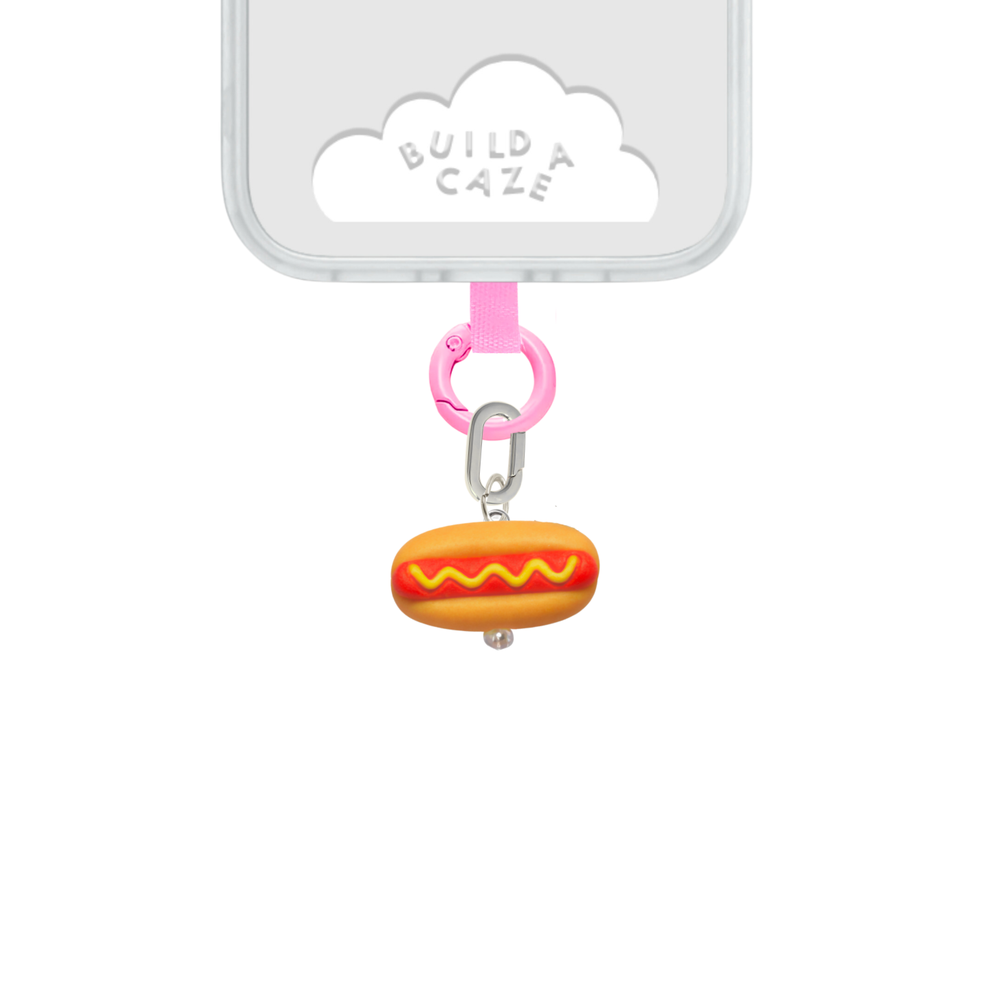 Charm para celular de hot dog mini 3D con detalle de mostaza, accesorio divertido de comida.