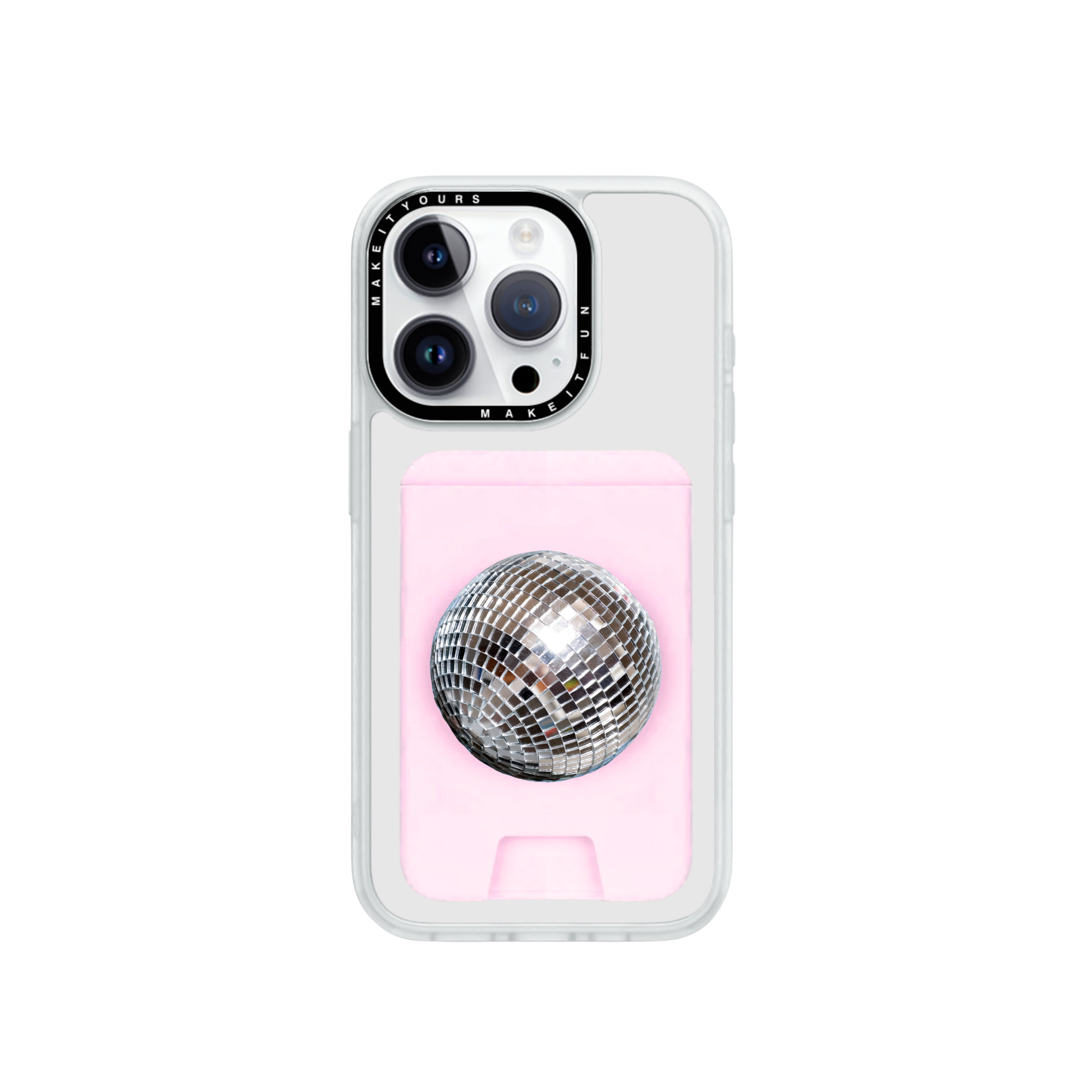 Agarre para teléfono de bola de disco compatible con MagSafe, billetera porta tarjetas magnética, sujetador pop holder plateado con brillo reflectante, soporte seguro para teléfono, accesorio para fundas Build a Caze.
