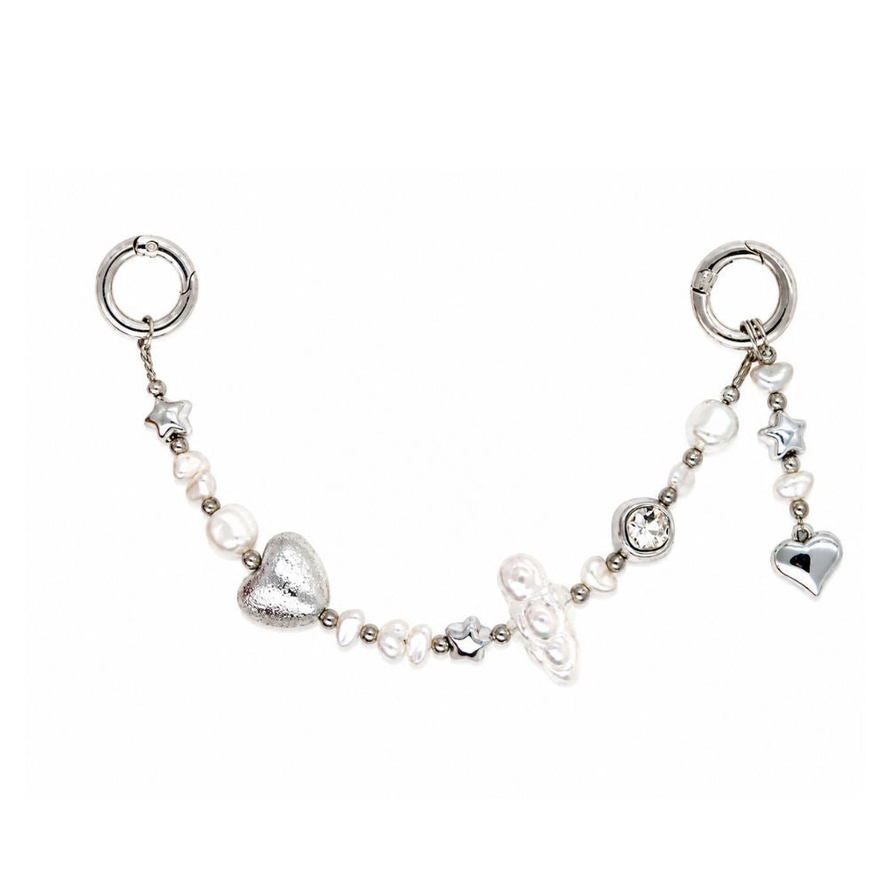 Correa de muñeca para celular perlas plateadas con dije corazón correa para celular Build A Caze
