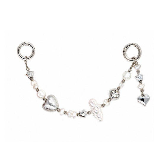 Correa de muñeca para celular perlas plateadas con dije corazón correa para celular Build A Caze