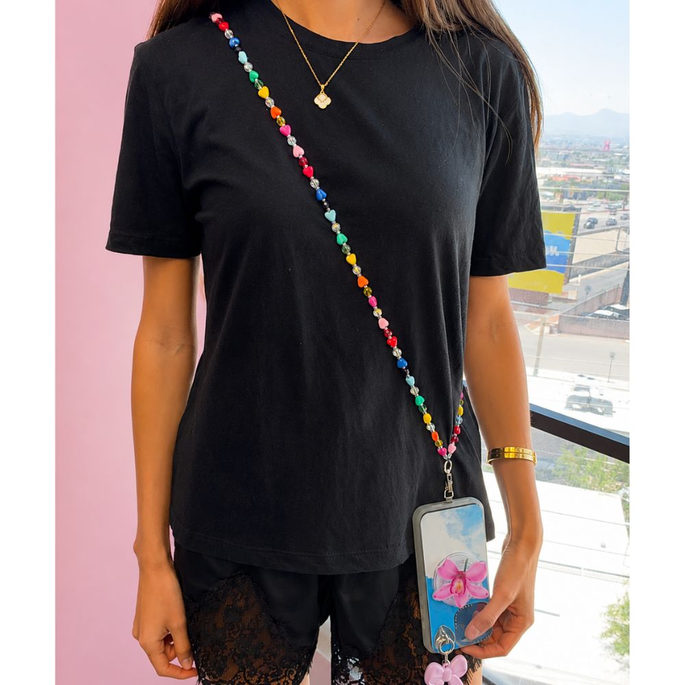 Correa para celular corazones arcoíris multicolor phone lanyard se engancha a cualquier case Build A Caze